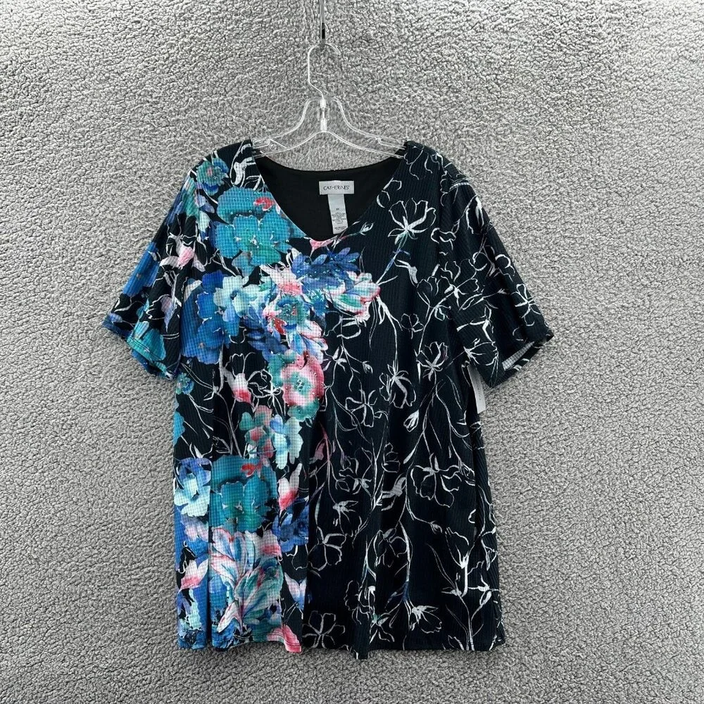 New Catherines V-Neck Blouse Short Sleeve Womens 0X Black Floral Stretch - Picture 1 of 8